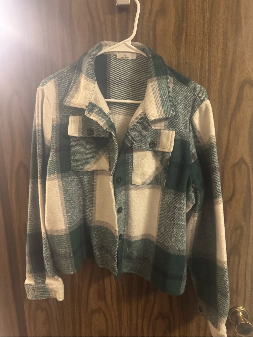 Flannel and Plaid Button-Front Cropped Shacket in Green and Cream